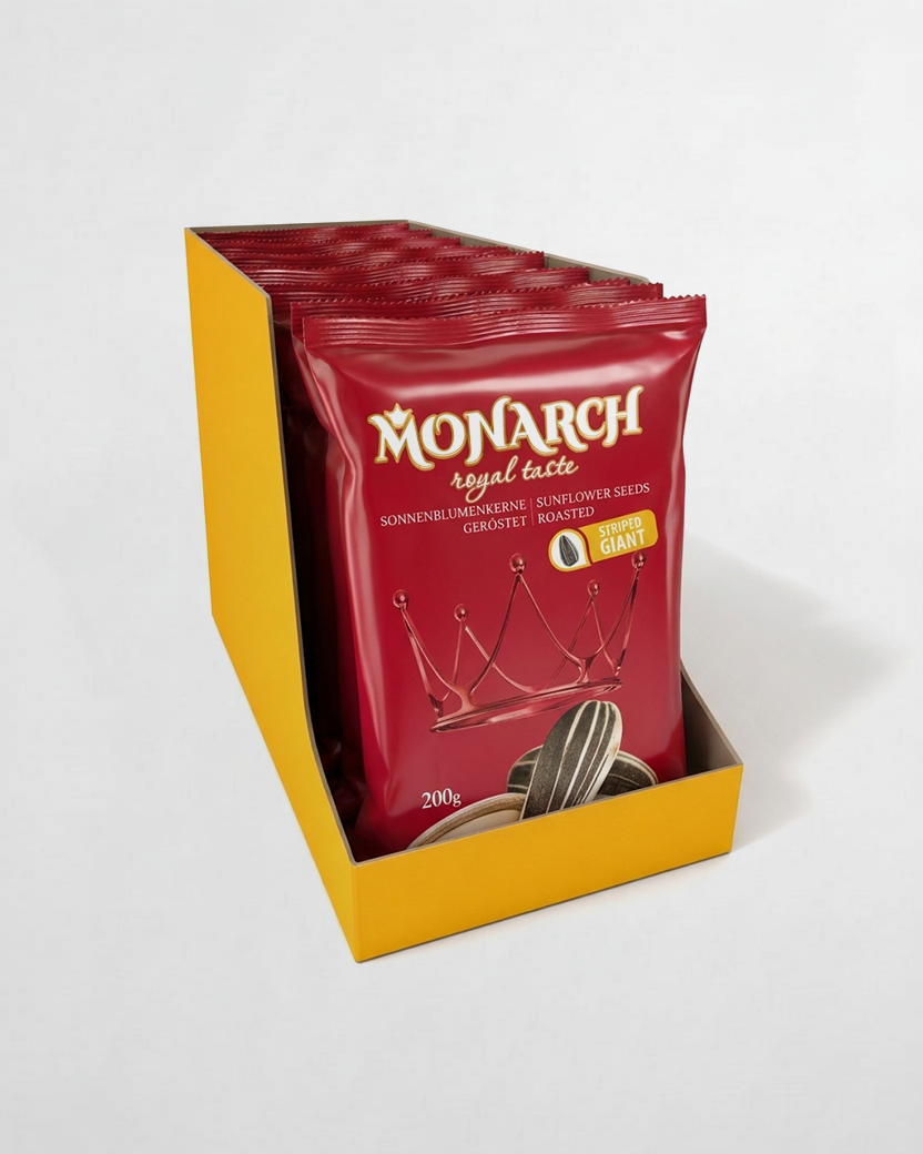 Monarch™ Sonnenblumenkerne gestreift, ungesalzen — ganzer Karton 10×200g (2 kg)