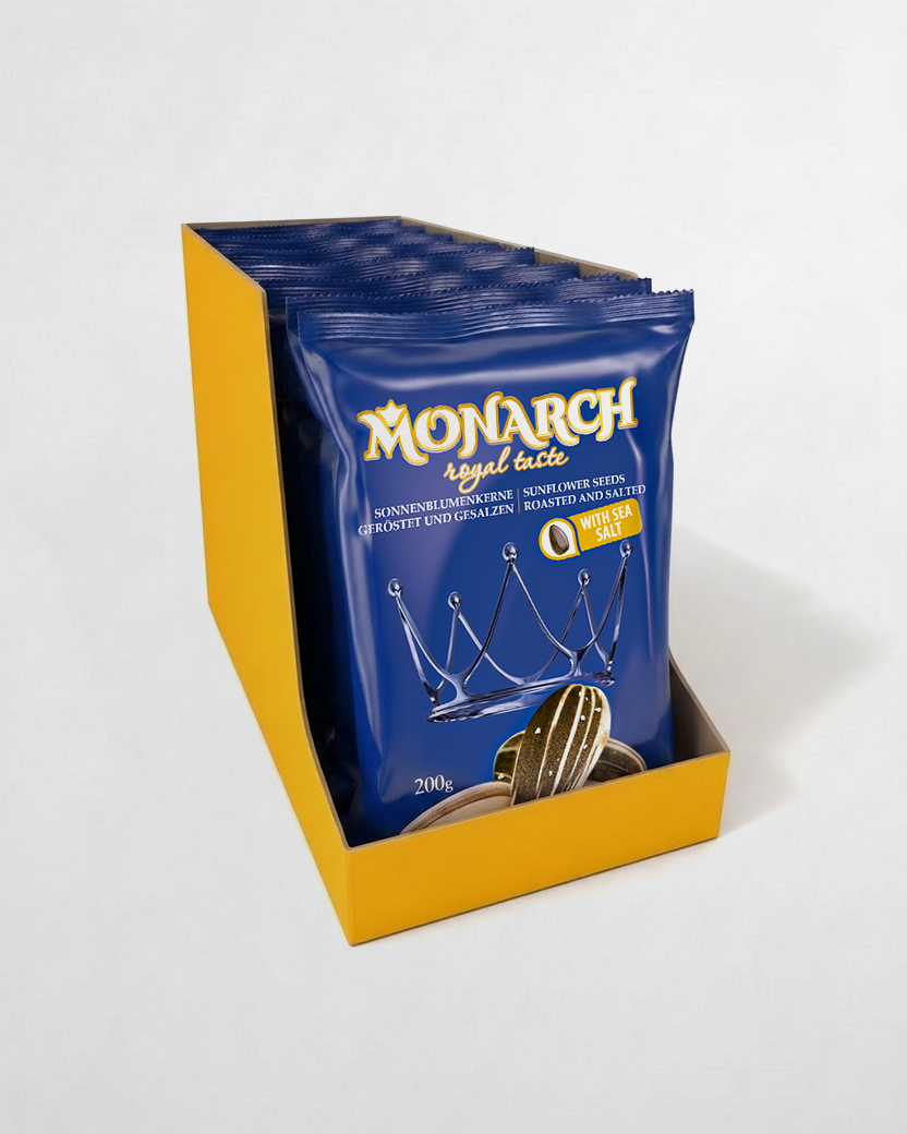 Monarch™ Sonnenblumenkerne gestreift, gesalzen — ganzer Karton 10×200g (2 kg)