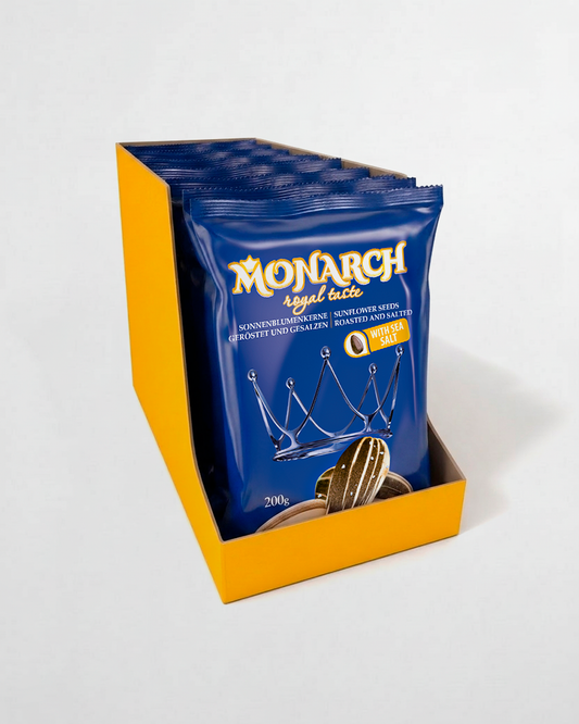 Monarch™ Pasiaste nasiona słonecznika, solone — cały karton 10×200g (2 kg)